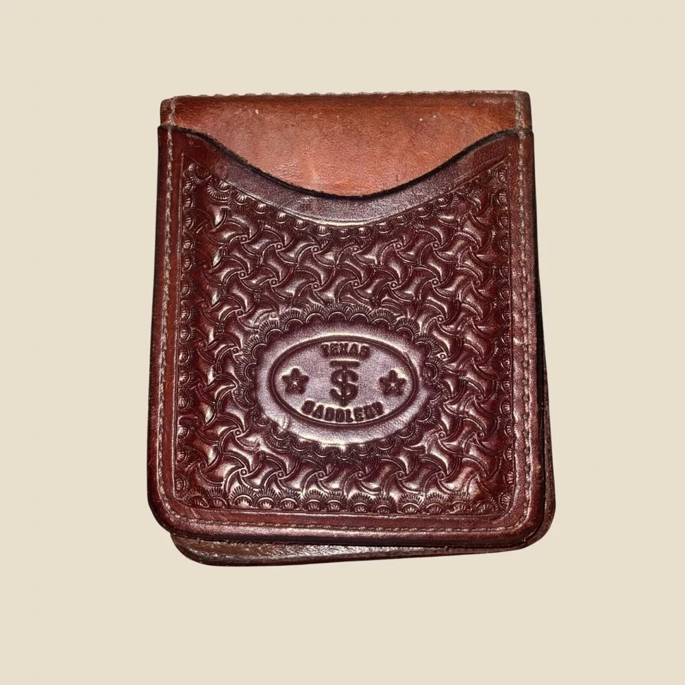 Texas Saddlery Mens Brown Tooled Leather Money Clip Wallet Basketweave Bifold